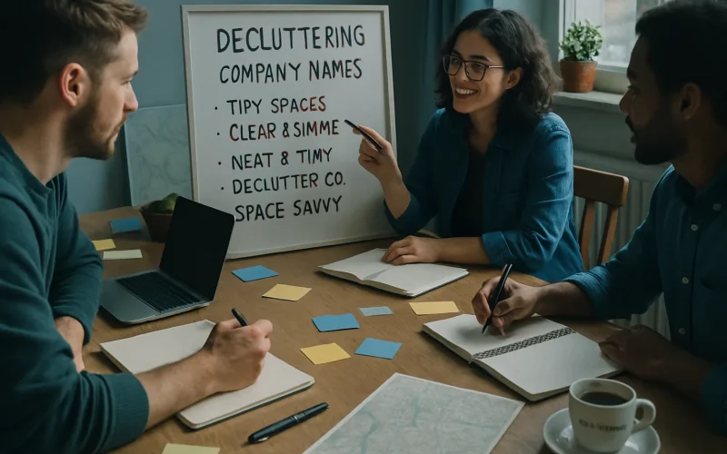Drei Menschen sitzen an einem Tisch bei einem Meeting. Frau erklärt, auf Whiteboard sind Tipps für Firmennamen. Kaffee steht auf dem Tisch.