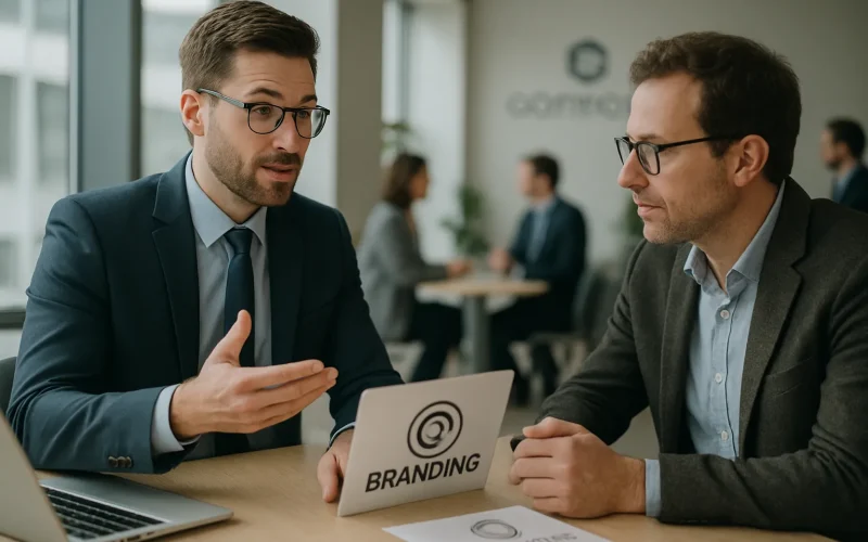 Zwei Männer sprechen bei einem Meeting in einem Büro. Auf dem Tisch: Laptop, Papier, ein Schild mit "Branding". Im Hintergrund andere Personen.
