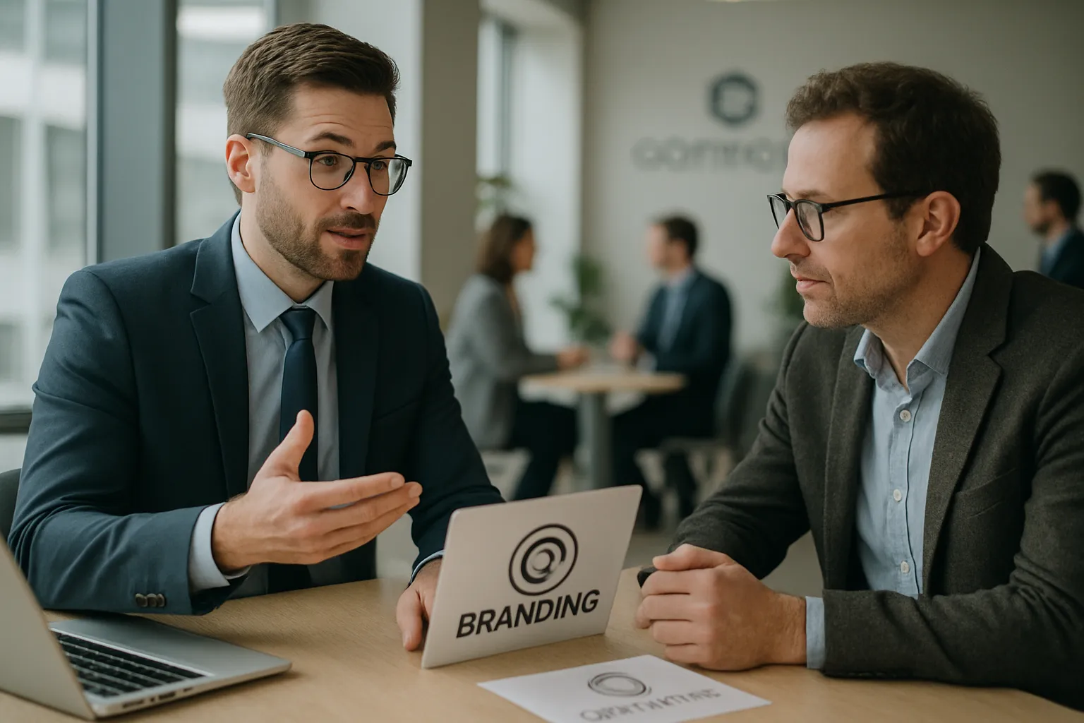 Zwei Männer sprechen bei einem Meeting in einem Büro. Auf dem Tisch: Laptop, Papier, ein Schild mit "Branding". Im Hintergrund andere Personen.
