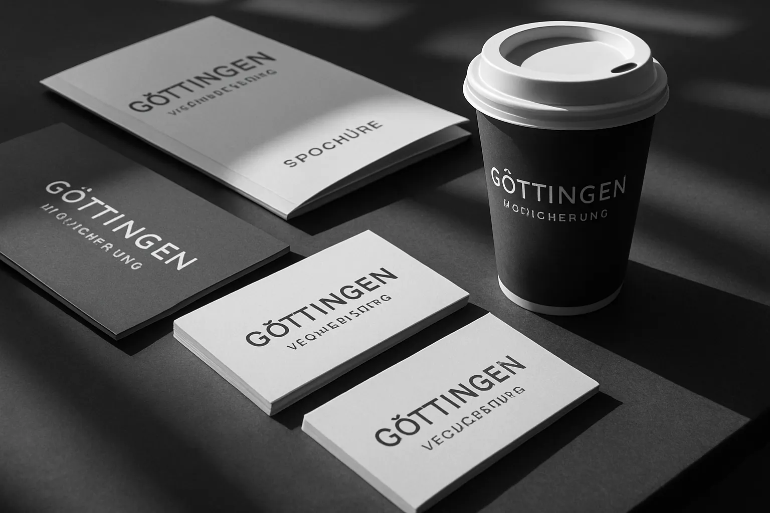 Schwarz-weiß-Foto: Flyer, Visitenkarten, Kaffeebecher und Broschüre für Göttingen Veggie-Cuisine auf dunklem Hintergrund, alles mit weißen und schwarzen Texten.