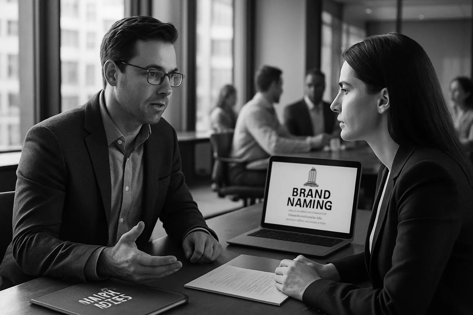 Zwei Personen im Gespräch in einem Büro. Auf dem Laptop steht "Brand Naming". Im Hintergrund weitere Menschen bei einer Besprechung.