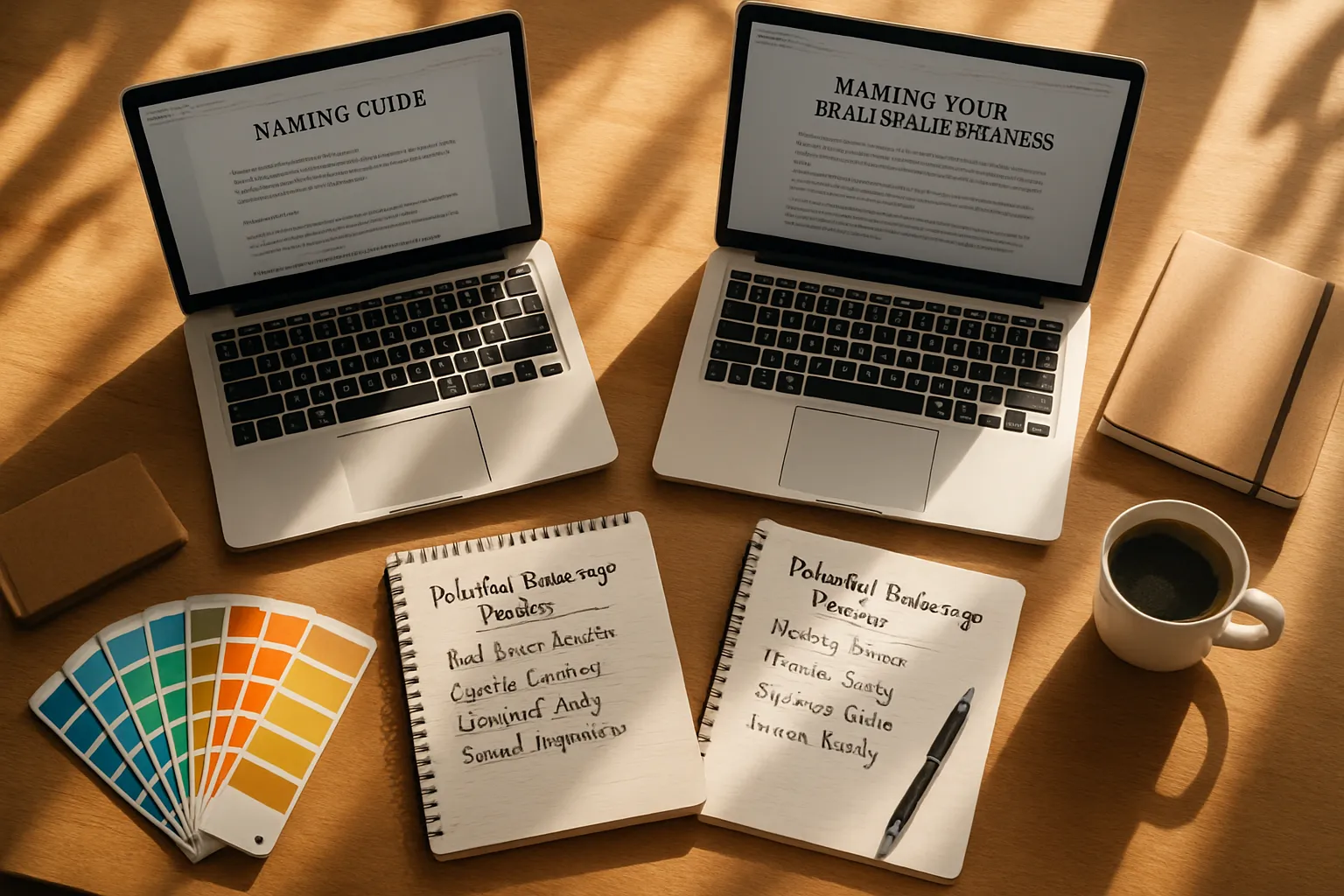 Zwei Laptop-Displays, Notizbücher, Farbtafeln, Kaffeetasse, Stift auf einem Holzschreibtisch, Schriftzüge und Handgeschriebenes.
