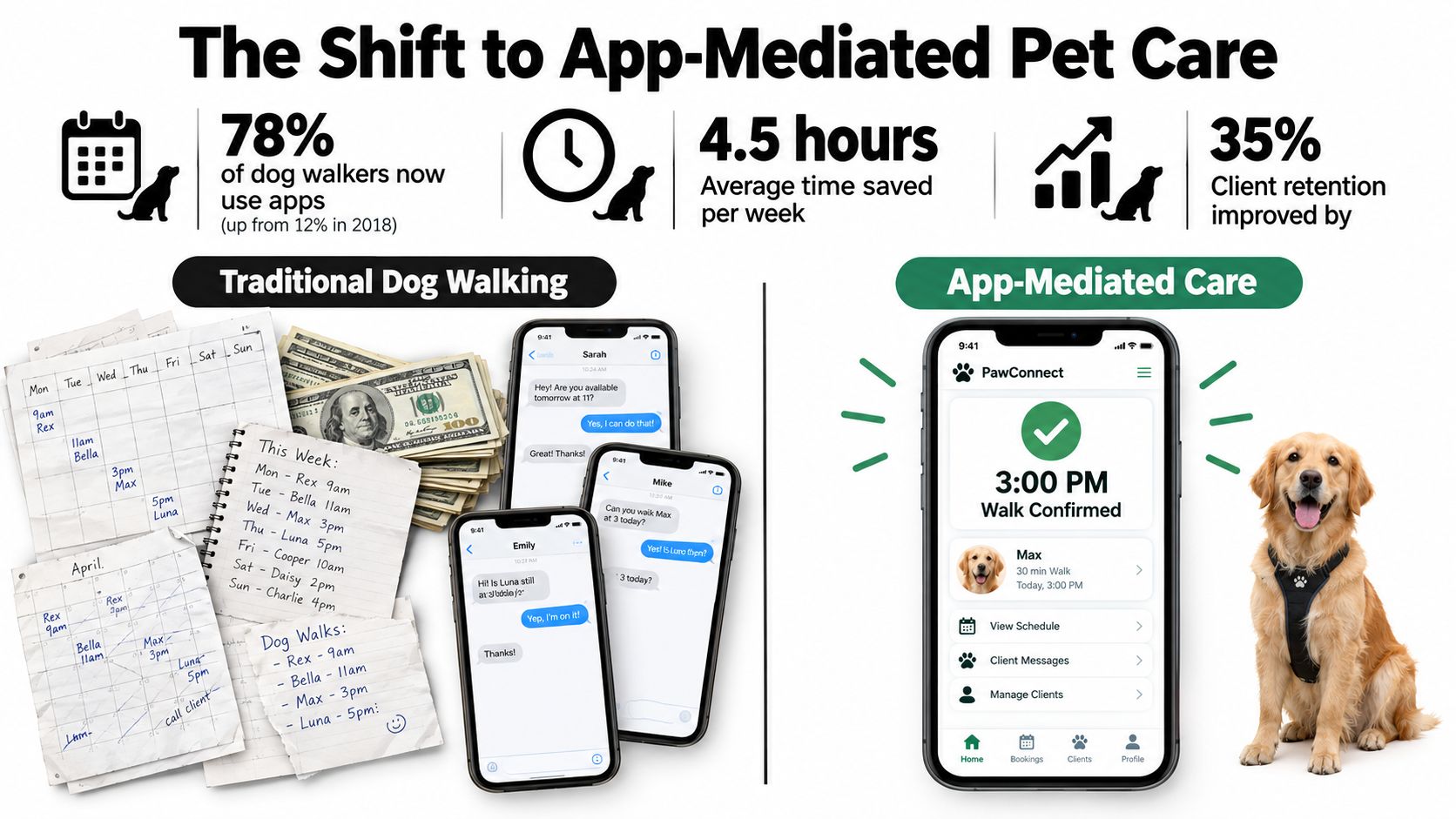 An infographic comparing traditional manual dog walking scheduling with efficient app-mediated pet care software for dog walkers.