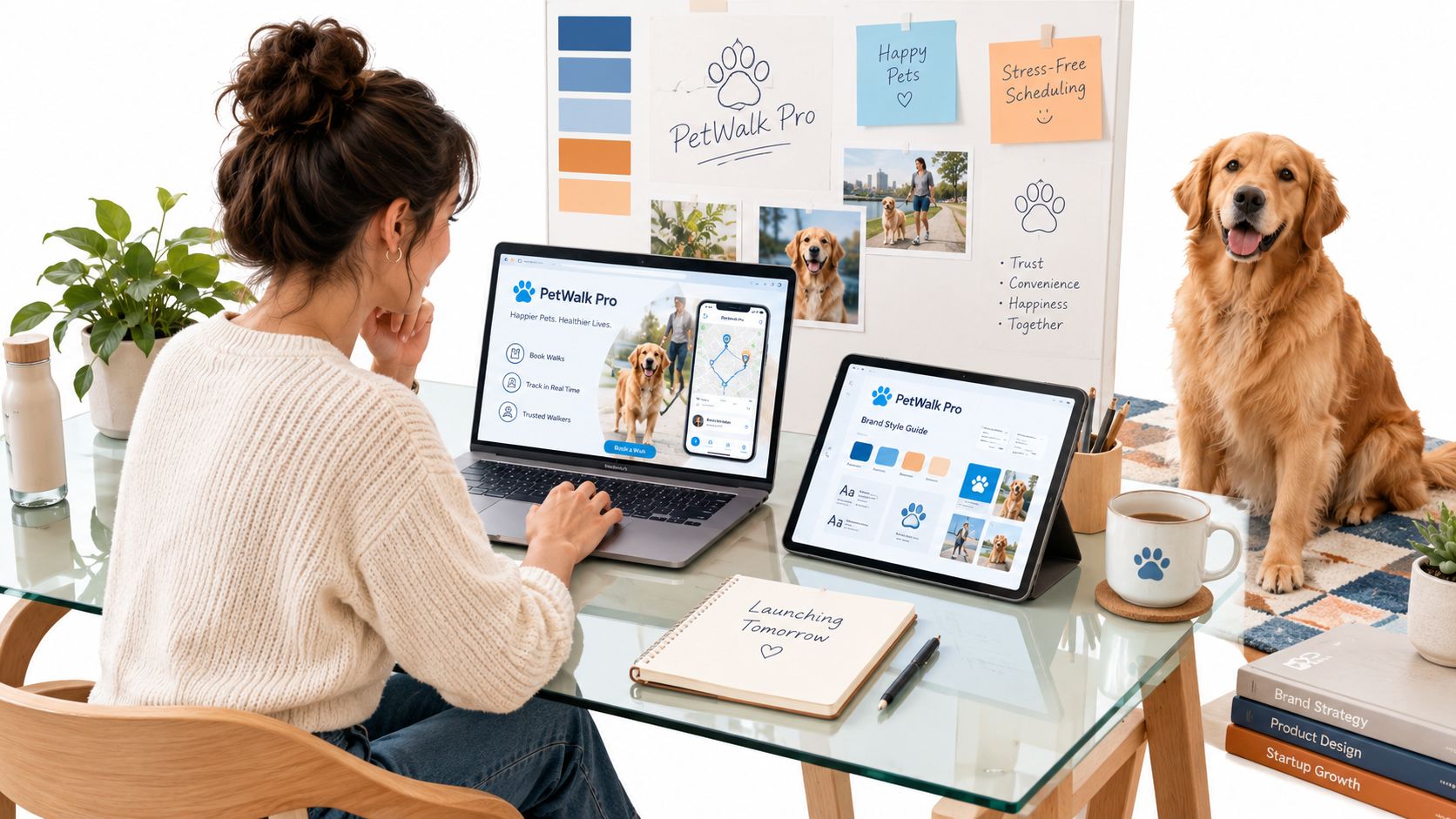 A woman working on a laptop and tablet to design branding for a dog walking software application.